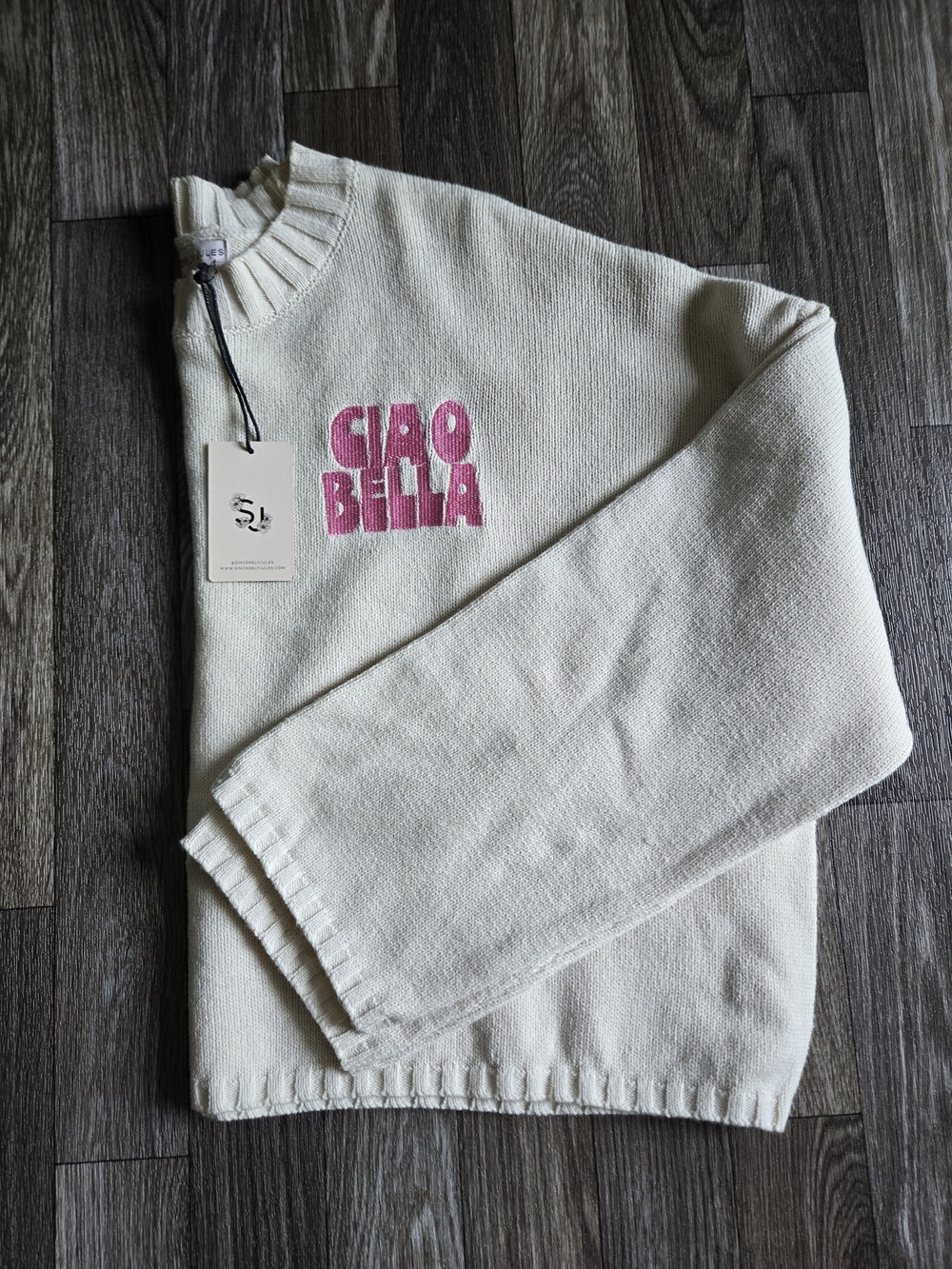NWT- Sincerly Jules Cream Cropped Knit Sweater with Pink 'Ciao Bella' Size M